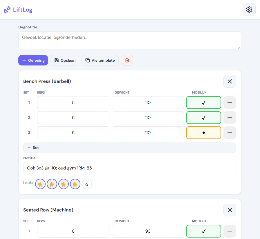Screenshot van de workout logger